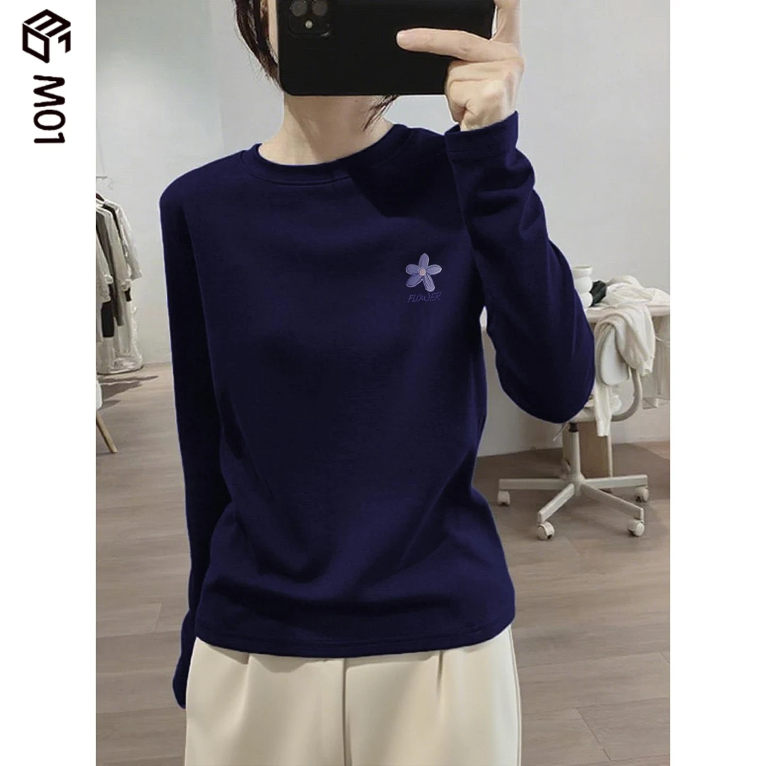 M01休闲时尚圆领印花长袖t恤女显瘦内搭纯棉打底衫2025新款上衣秋