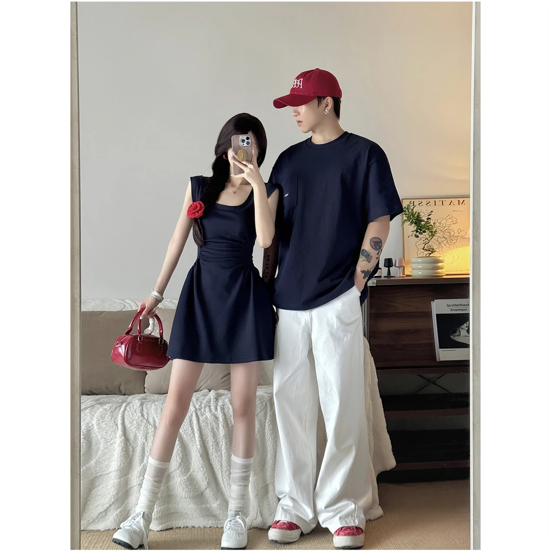 小众设计情侣装夏2025韩版短袖T恤显瘦女连衣裙法式一裙一衣ins潮