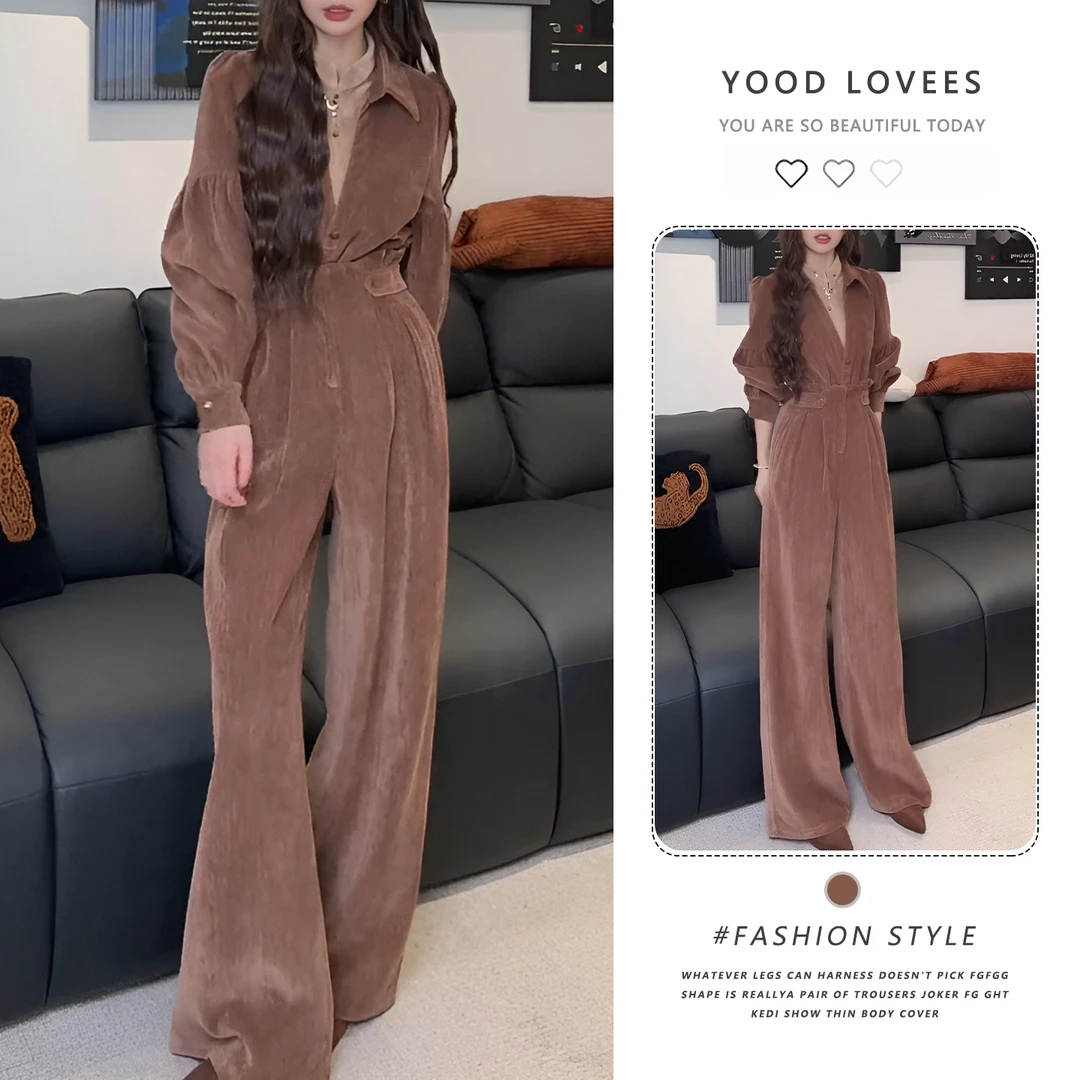 时尚套装女2025秋冬新款百搭显瘦假两件衬衫收腰系带阔腿裤两件套