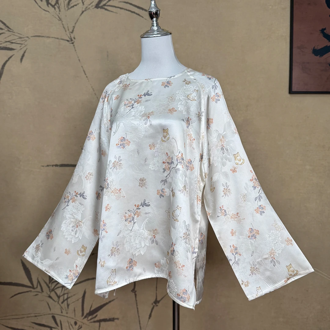 【卷卷新中式】“秋日物语”事事如意猫 国风上衣重磅桑蚕丝100%