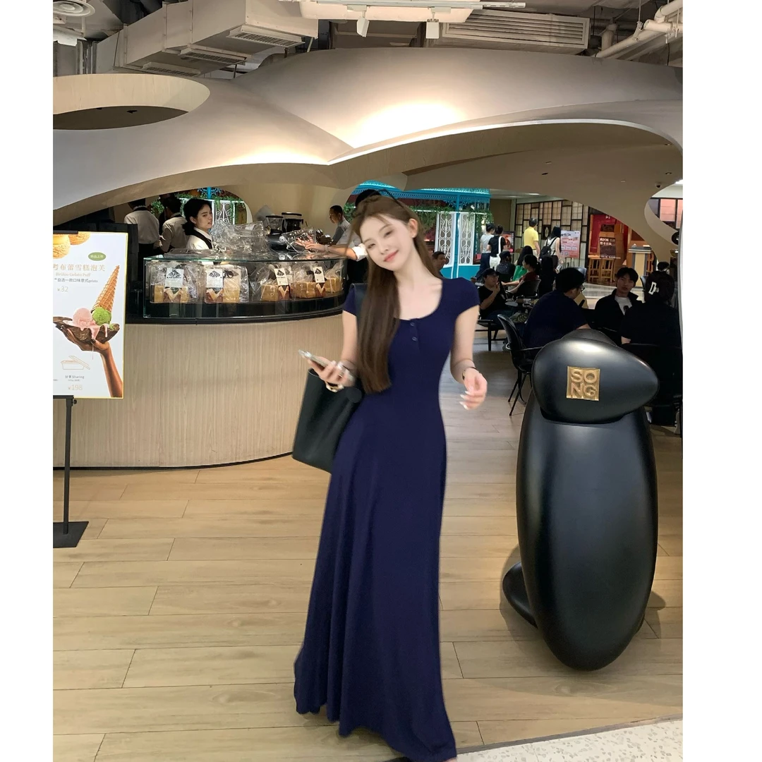 SZA【微甜少女】夏季新款韩系气质方领开扣修身短袖连衣裙A-2038