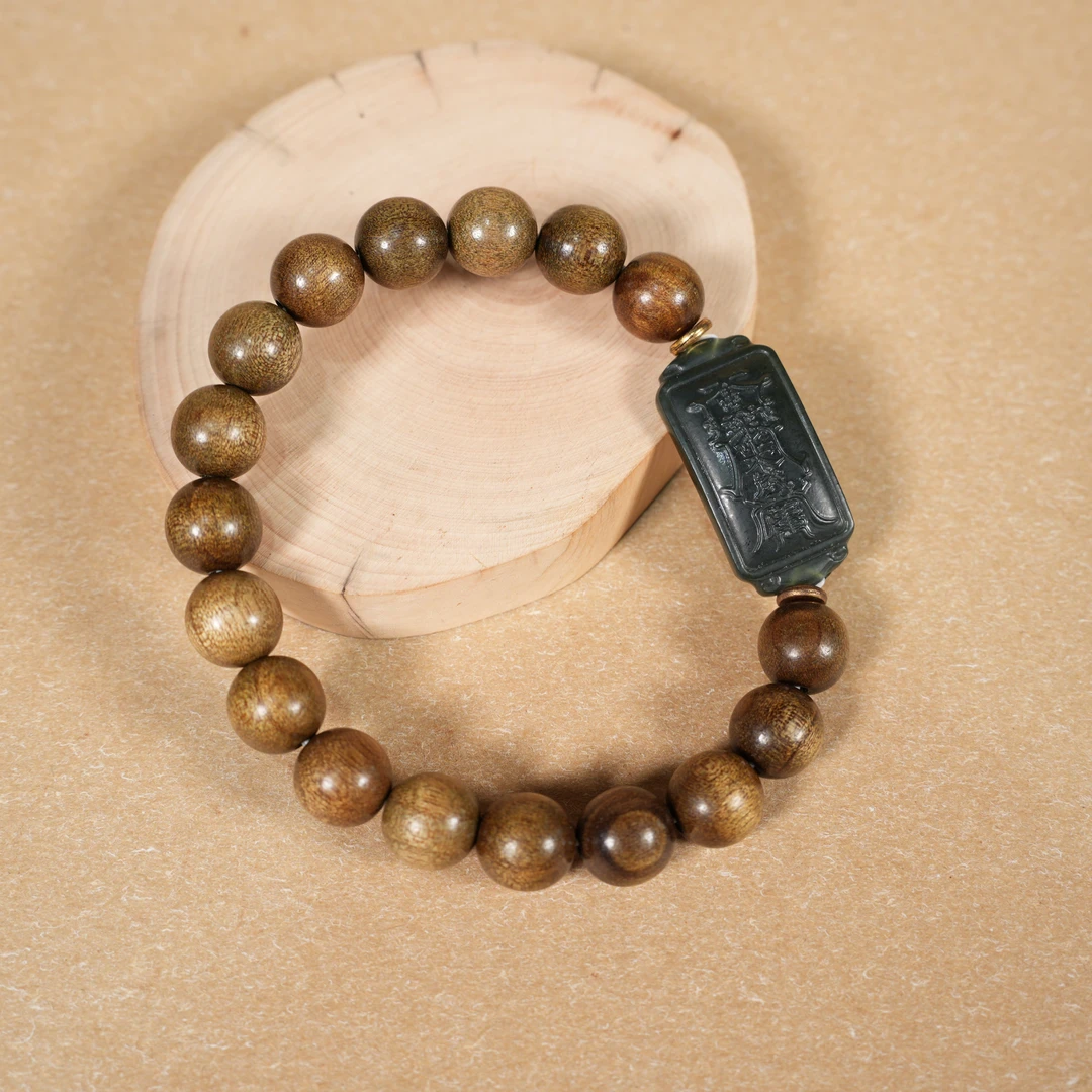 小叶桢楠金丝楠10mm乌金料和田玉岁岁牌