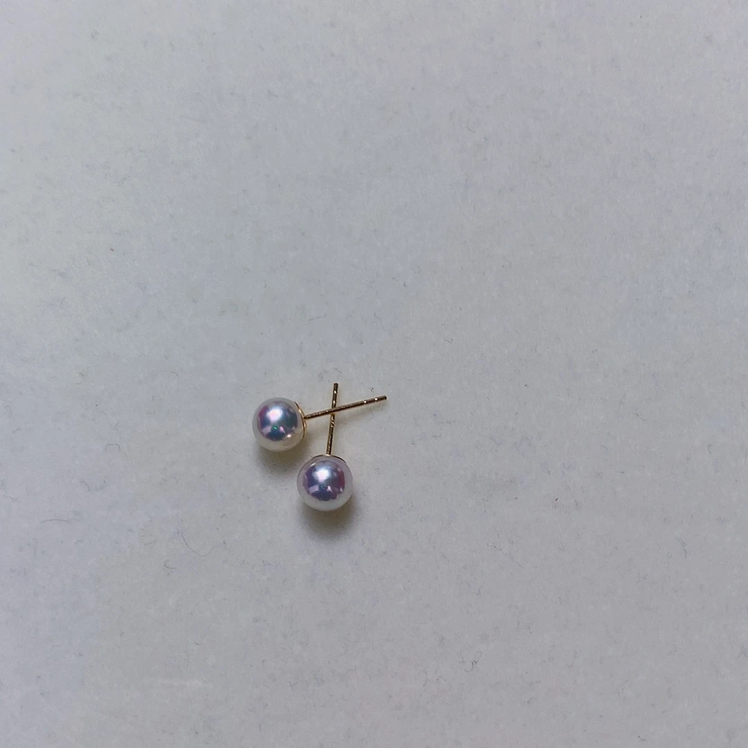 18K金镶嵌海水珍珠海水akoya耳钉6-7mm