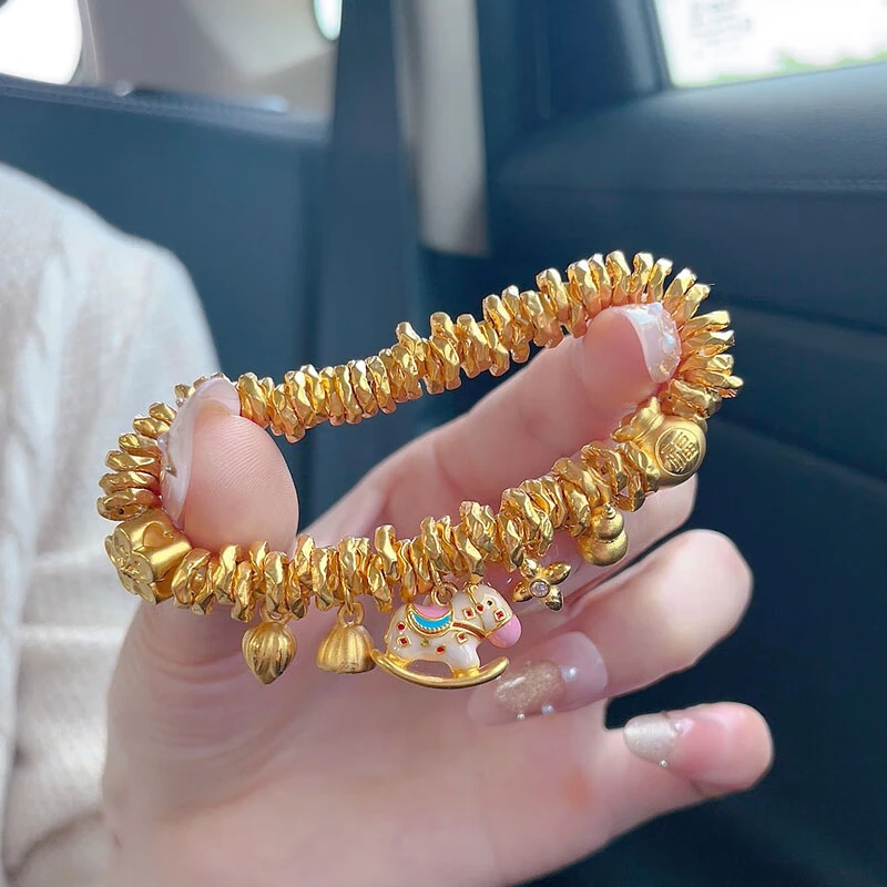 瑞诺黄金小木马盘缠金手链女999足金两世欢手串生日礼物送女友