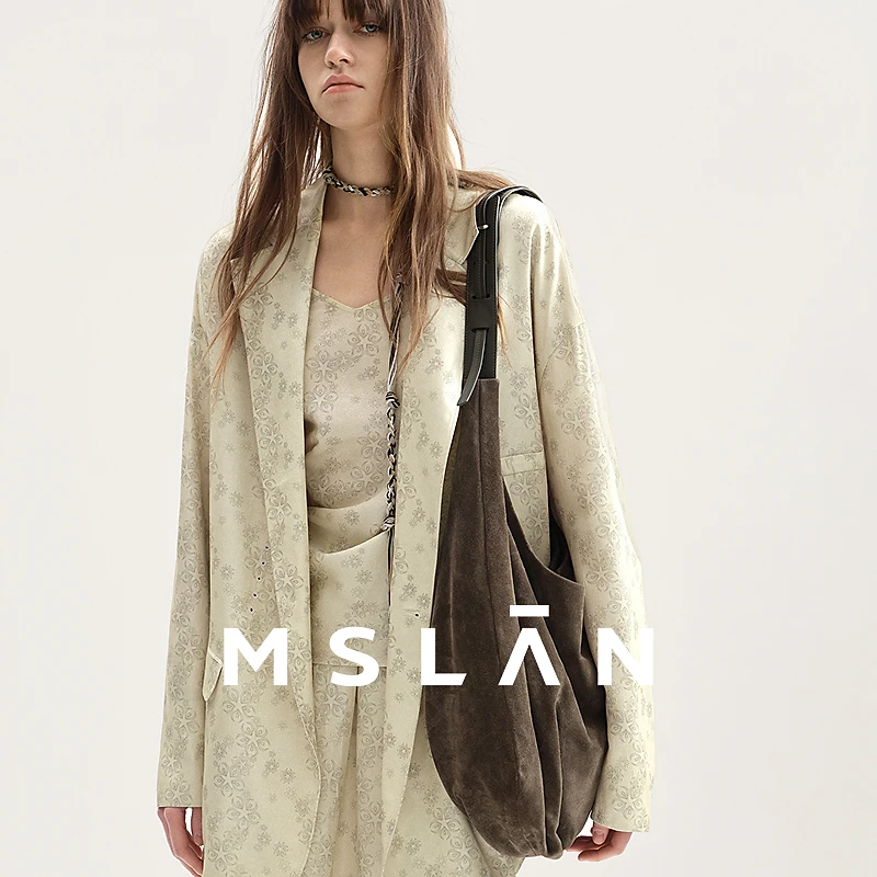 【秀场同款】MSLAN25春肌理醋酸印花不对称廓形西装外套MHAW146