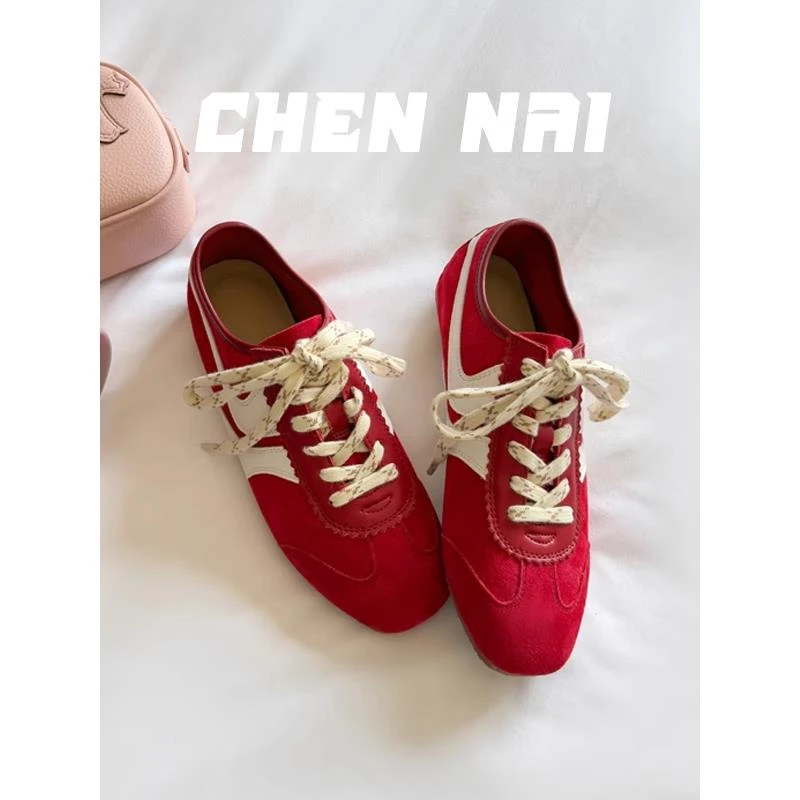 绿色复古内增高德训鞋女春夏2025新款百搭平底阿甘休闲运动鞋