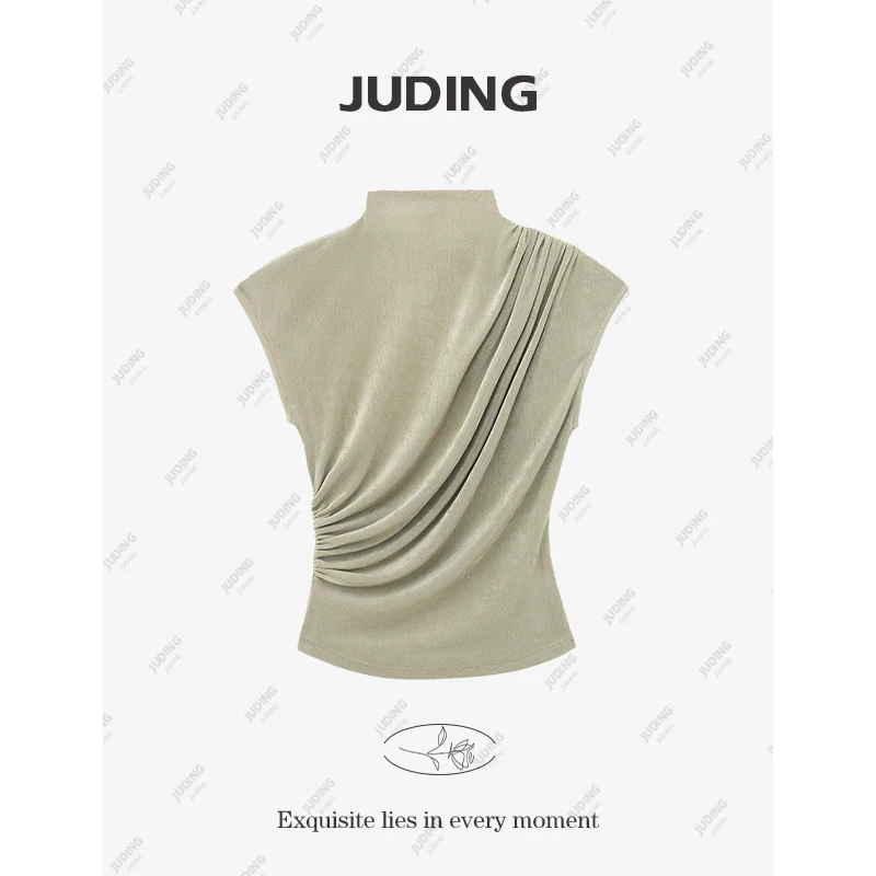 【优雅之旅】不规则褶皱半高领短袖T恤女新款设计感百搭上衣8262