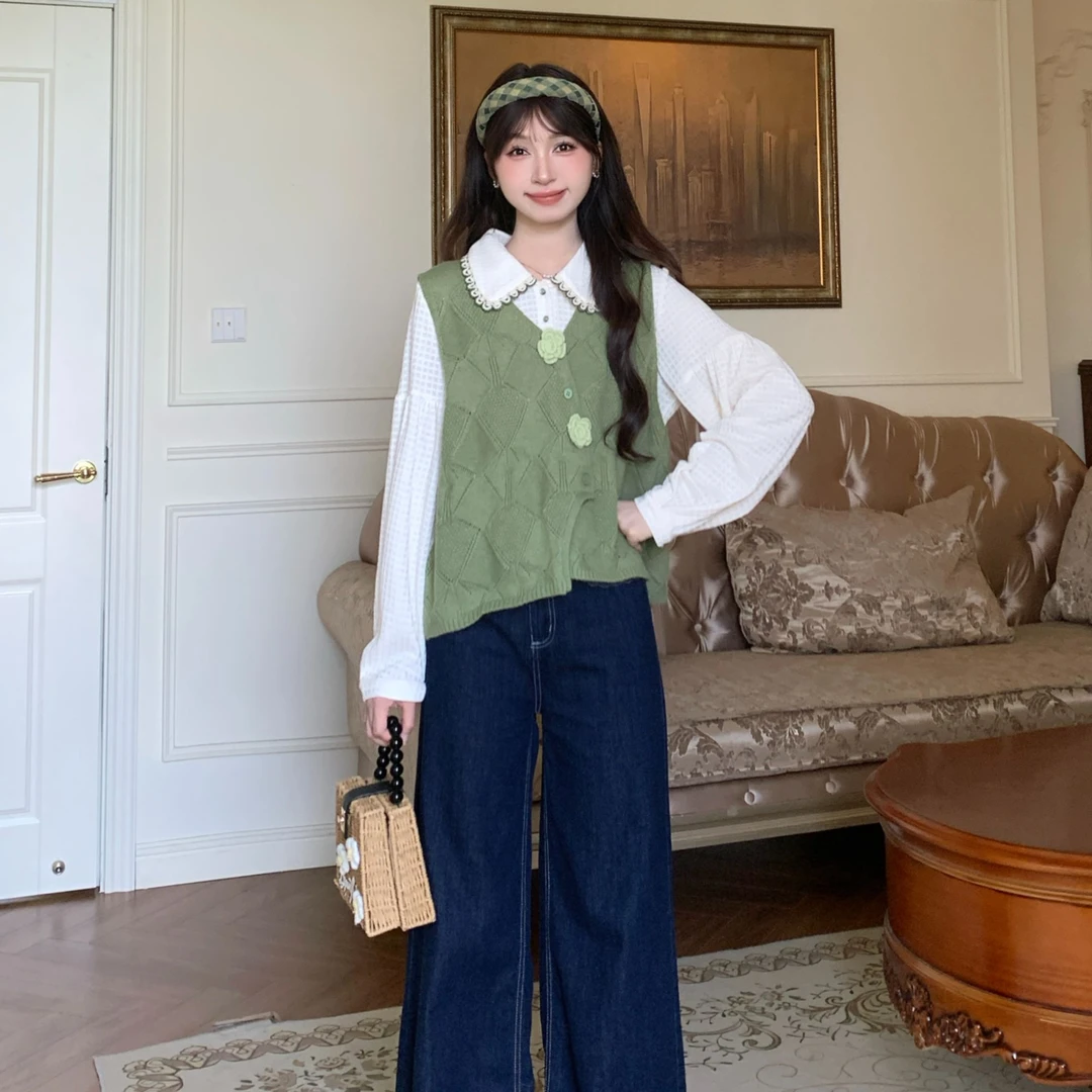 【清仓】慕兔复古绿色针织马甲背心女2025秋季新款宽松无袖坎肩上衣