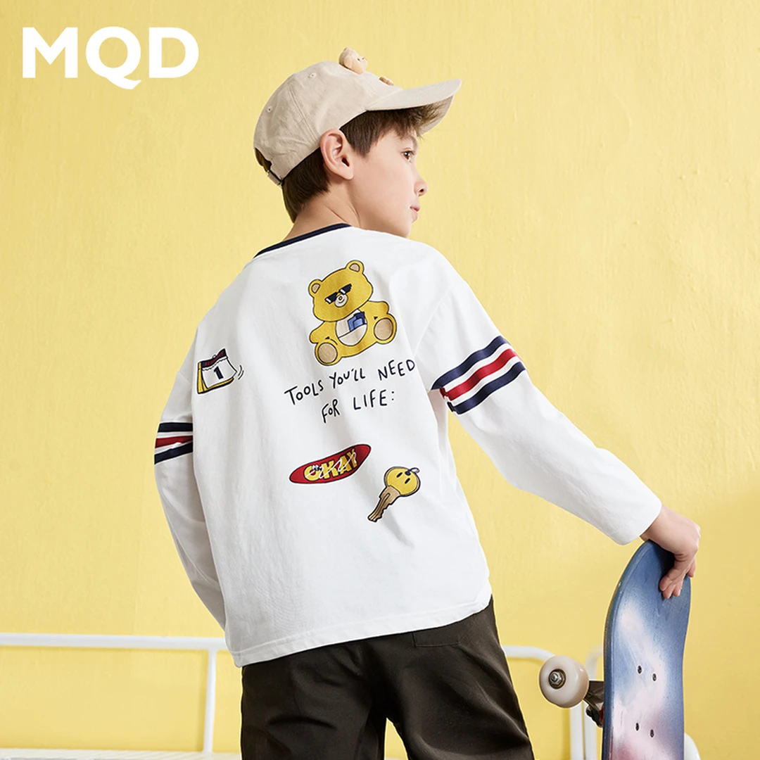MQD童装25春新品学院风经典条杠基础百搭套头长袖T恤9651W0322