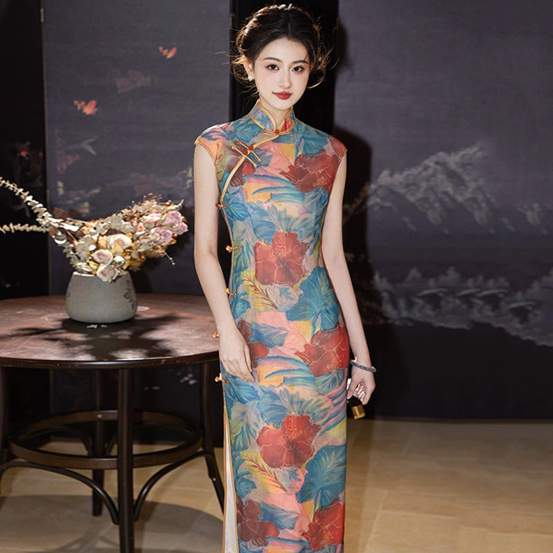 海棠花无袖国风长款旗袍2025新款年轻款女老上海民国复古修身夏季