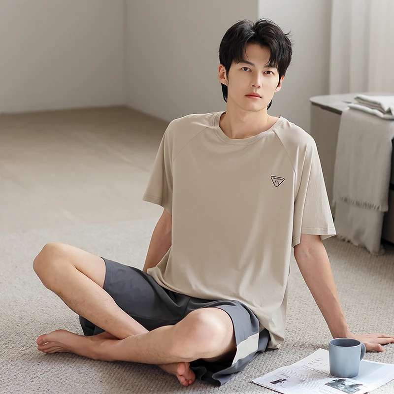 凉感莫代尔男士睡衣夏天薄款男款青年简约可外穿家居服套装