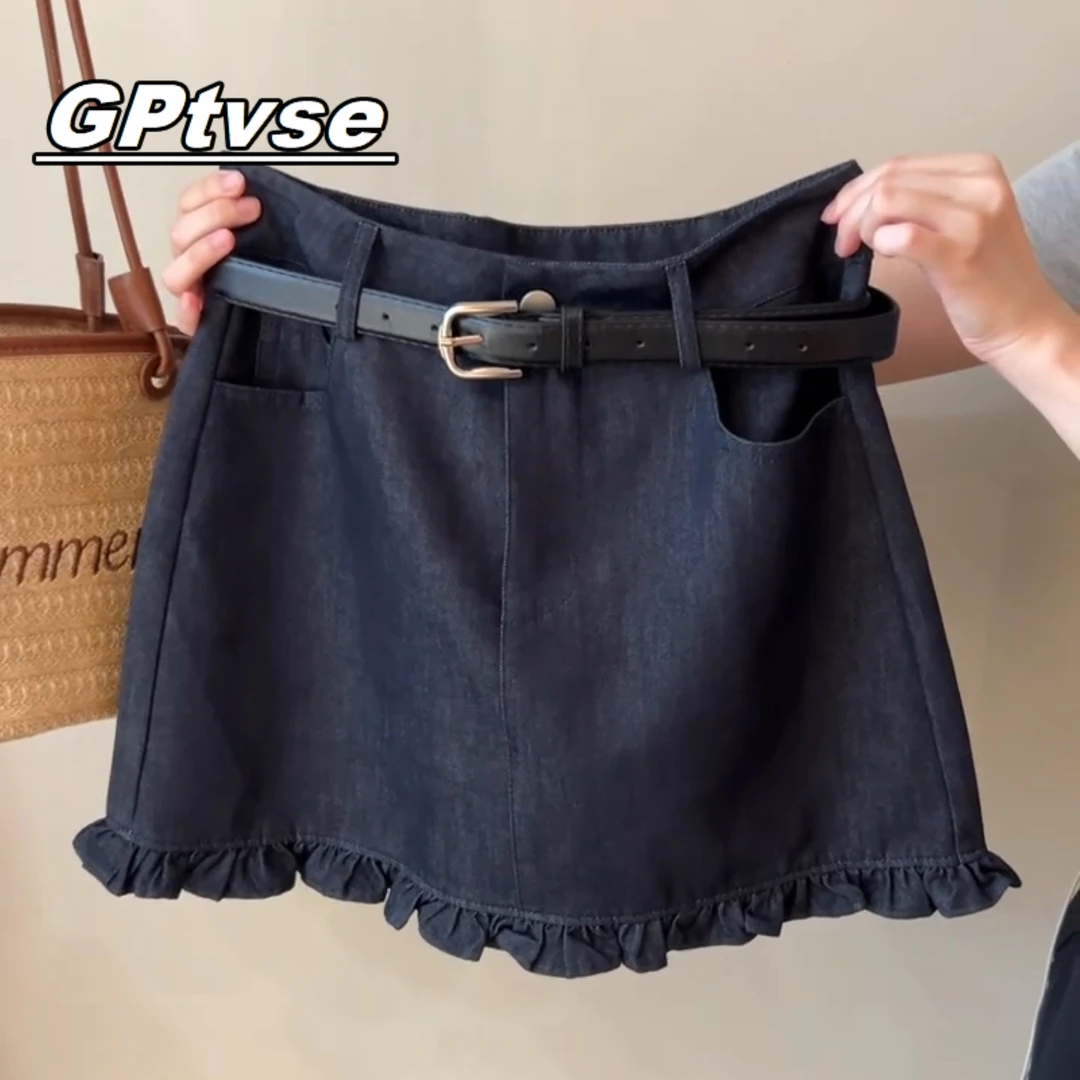 GPTVSE美式木耳边拼接A字牛仔短裙女辣妹百搭高腰显瘦半身包臀裙
