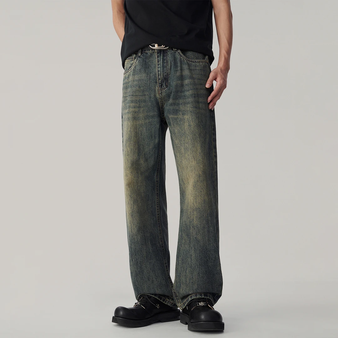 美式春季新款复古水洗泥染牛仔裤男高街休闲宽松vibe做旧直筒裤子
