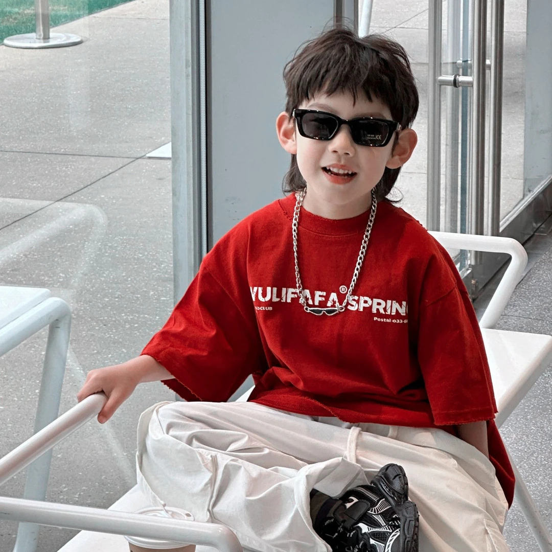 红色爆款字母纯棉儿童t恤短袖夏季中大童宽松公主风小众外穿上衣