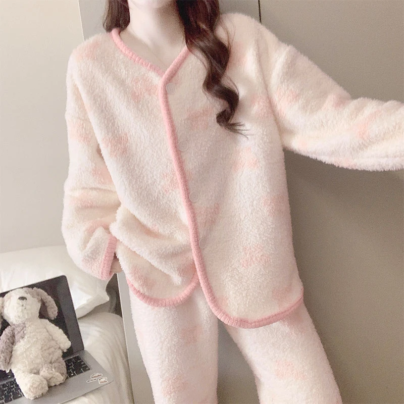 半边绒甜美粉色睡衣女款秋冬季爆款珊瑚绒加绒加厚少女家居服套装