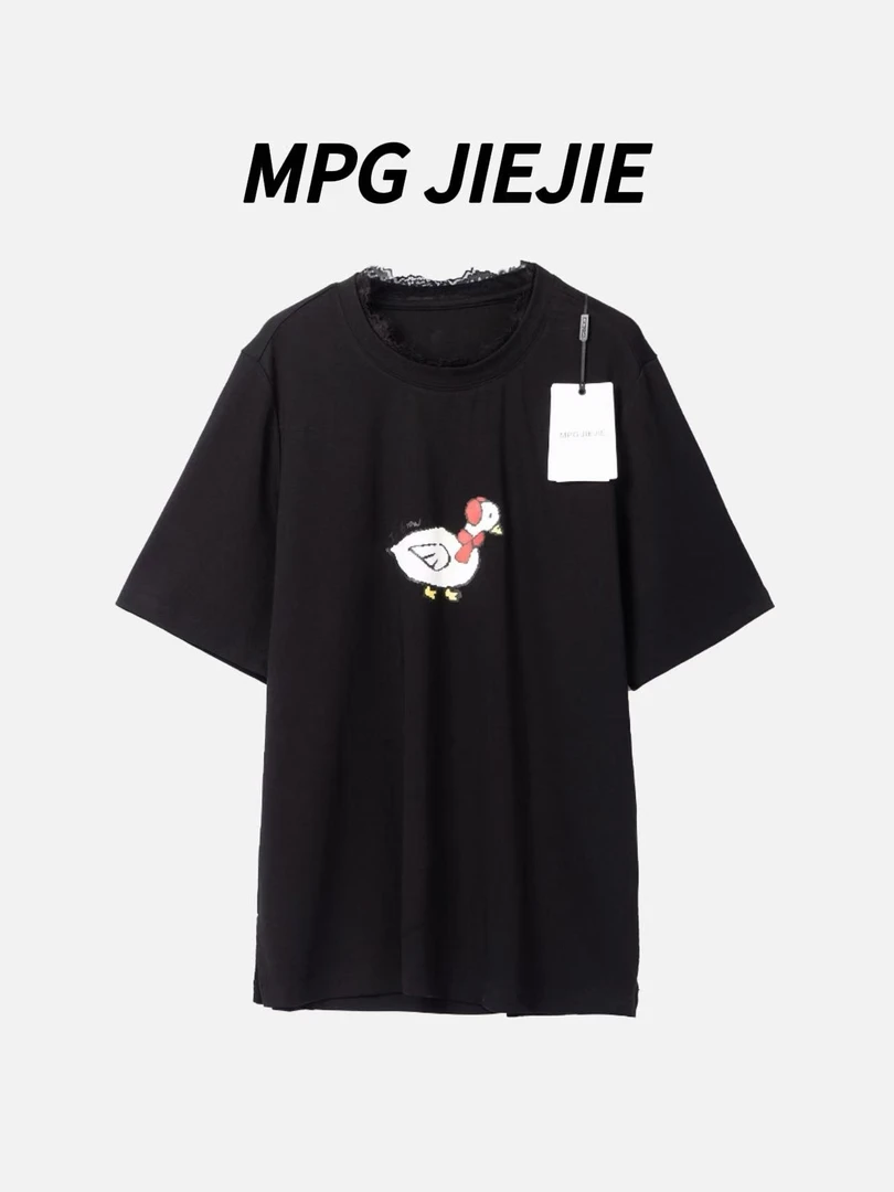 MPG JIEJIE【可爱呀】春夏大码黑色宽松印花百搭休闲设计圆领T恤
