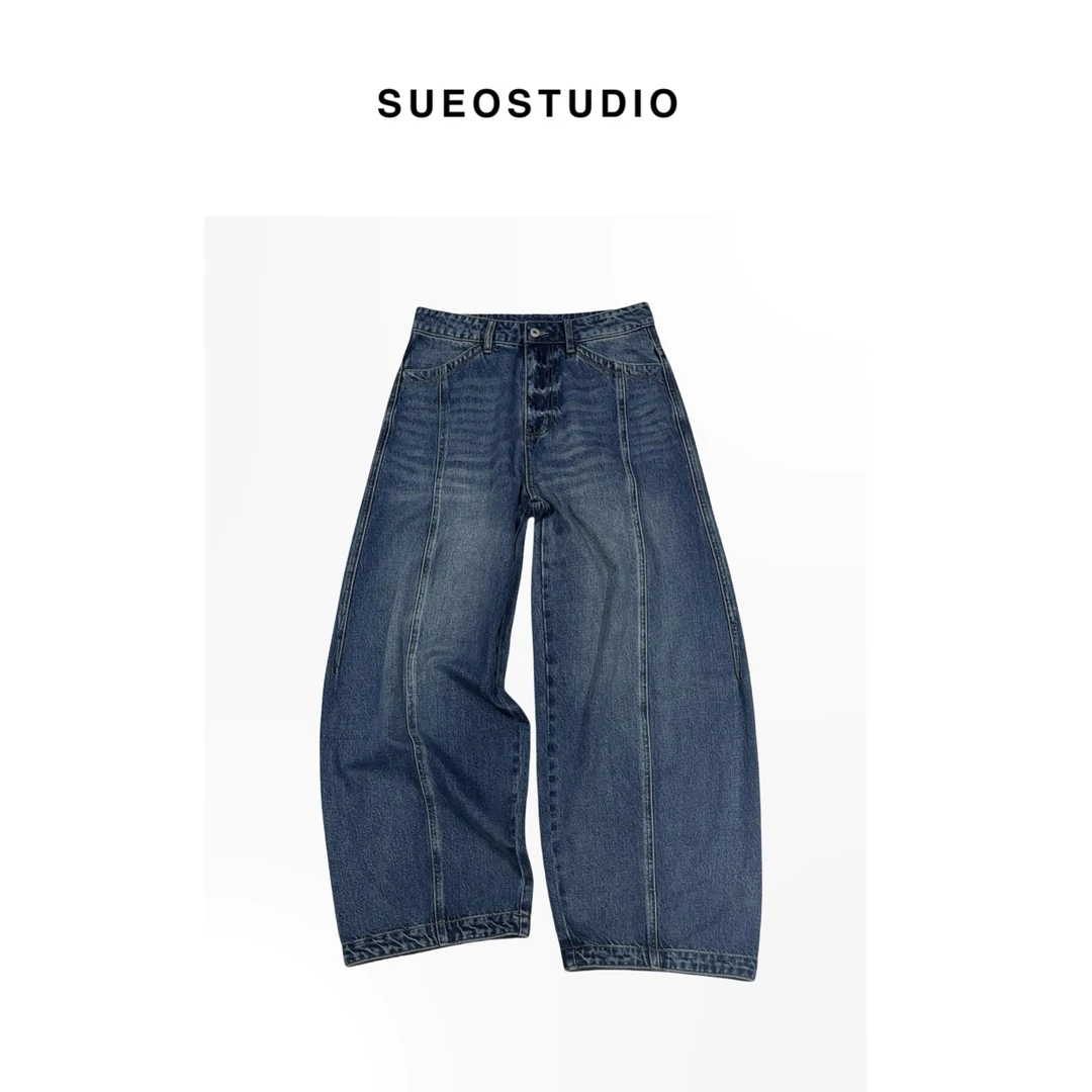 SUEO【茧型·单宁软牛】25ss 线条设计复古酵洗磨白喷马骝廓形牛仔裤
