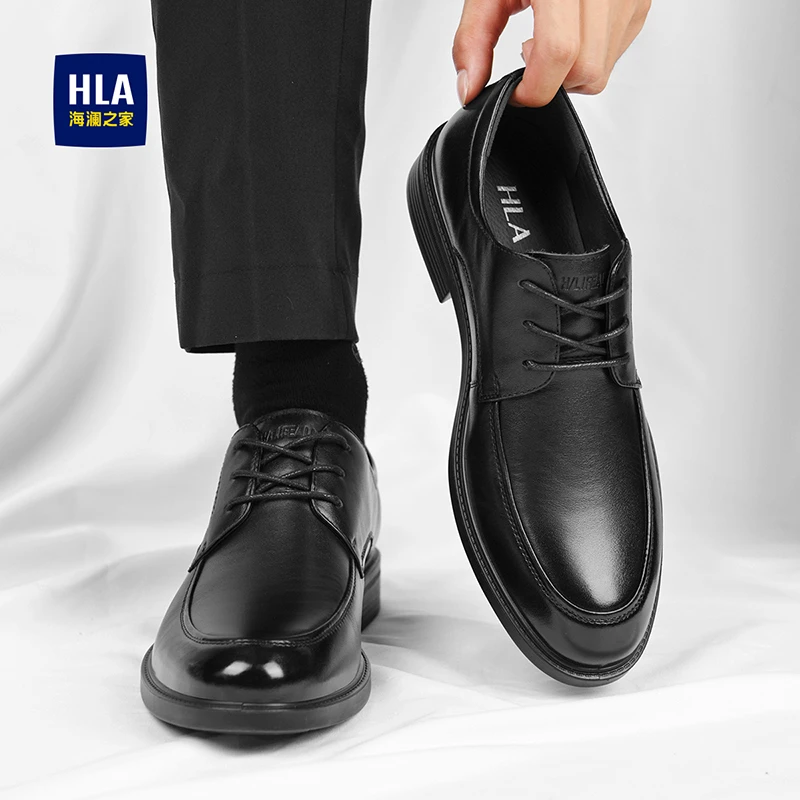 HLA/海澜之家男鞋春季英伦风时尚百搭休闲皮鞋男士真皮黑色商务鞋