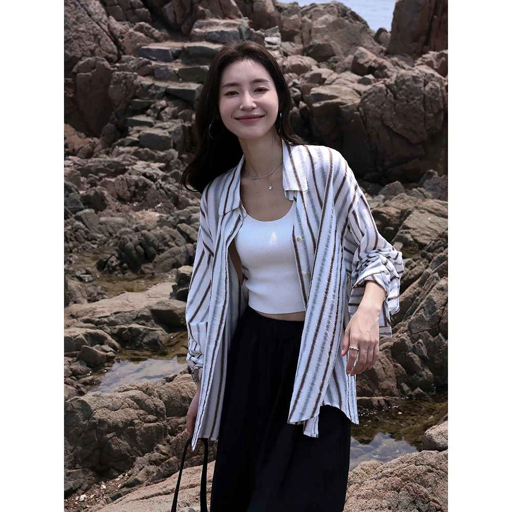 张贝贝ibell日系撞色条纹衬衫女 100棉 复古翻领宽松百搭长袖上衣