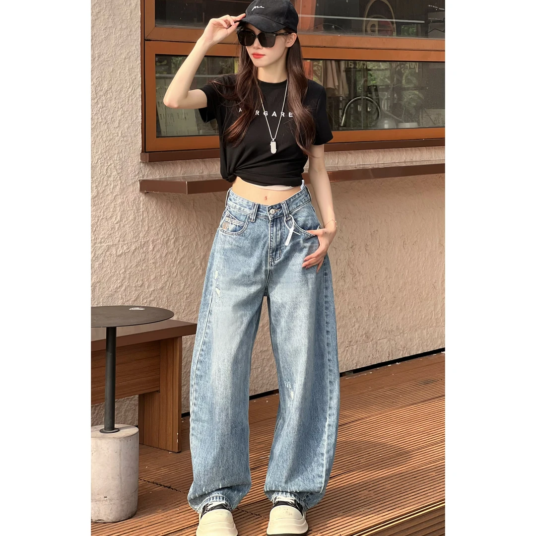 【大弯刀】中高腰显瘦宽松垂感拖地阔腿牛仔裤女夏款百搭薄款设计感