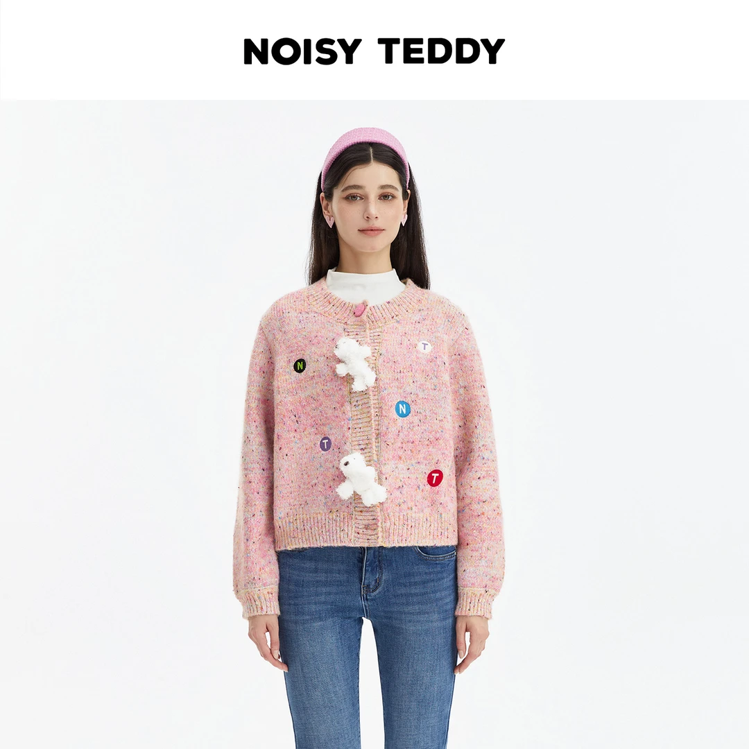 NOISY TEDDY小熊玩偶刺绣开衫毛衫圆领甜美彩纱宽松针织毛衣外套