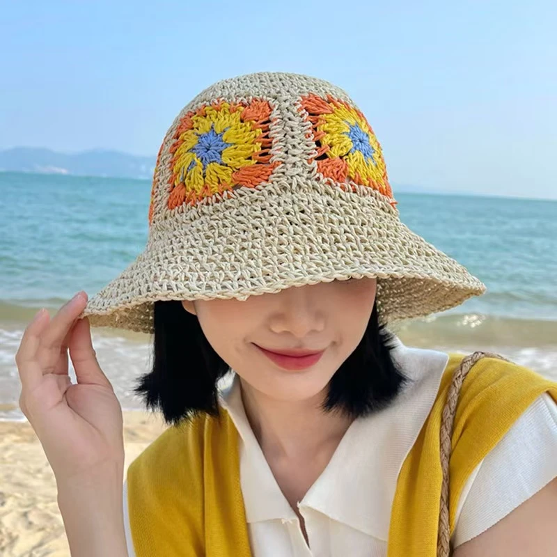 大头围可调型草帽系带镂空草编帽女夏防晒沙滩海边太阳帽遮阳帽子