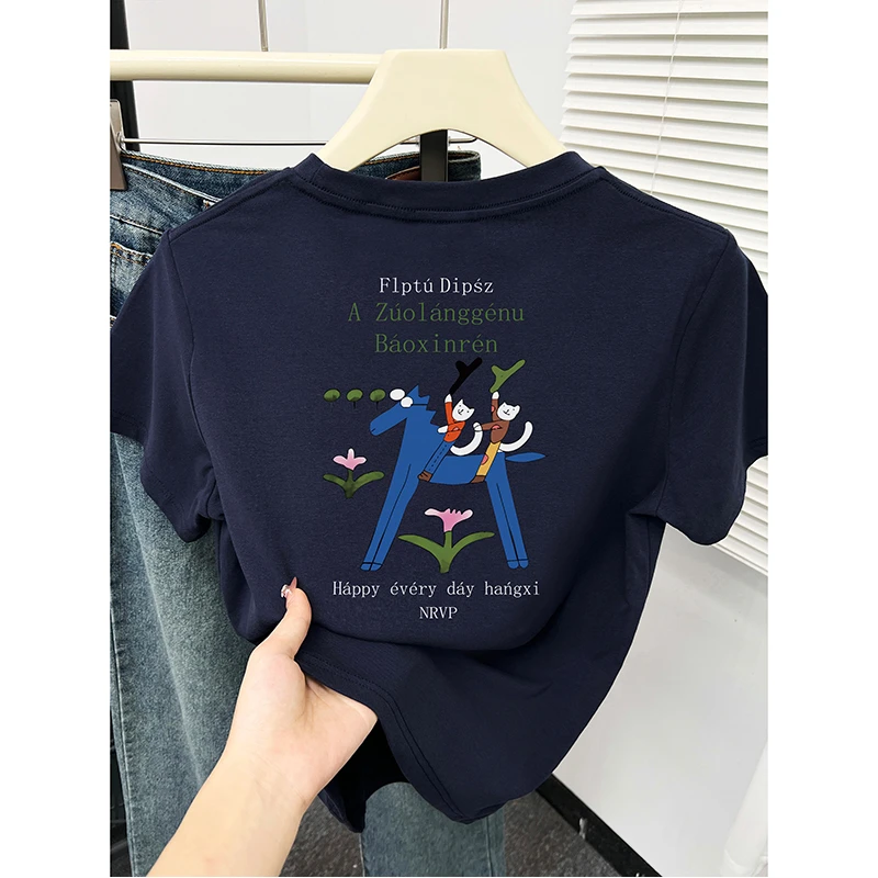 正肩短袖T恤女2025新款夏季韩系chic圆领趣味前后印花显瘦上衣潮