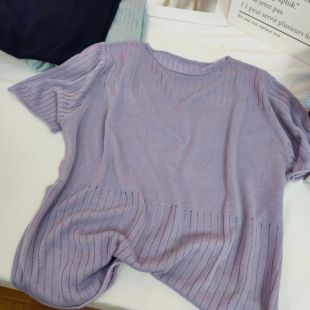 【赠运费补贴】莱赛尔时尚圆领镂空拼竖坑条百搭显瘦减龄针织衫388