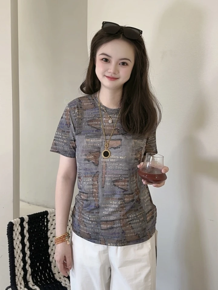 夏季新款英文字母洋气气质时尚韩版女款显瘦百搭短袖网纱0798