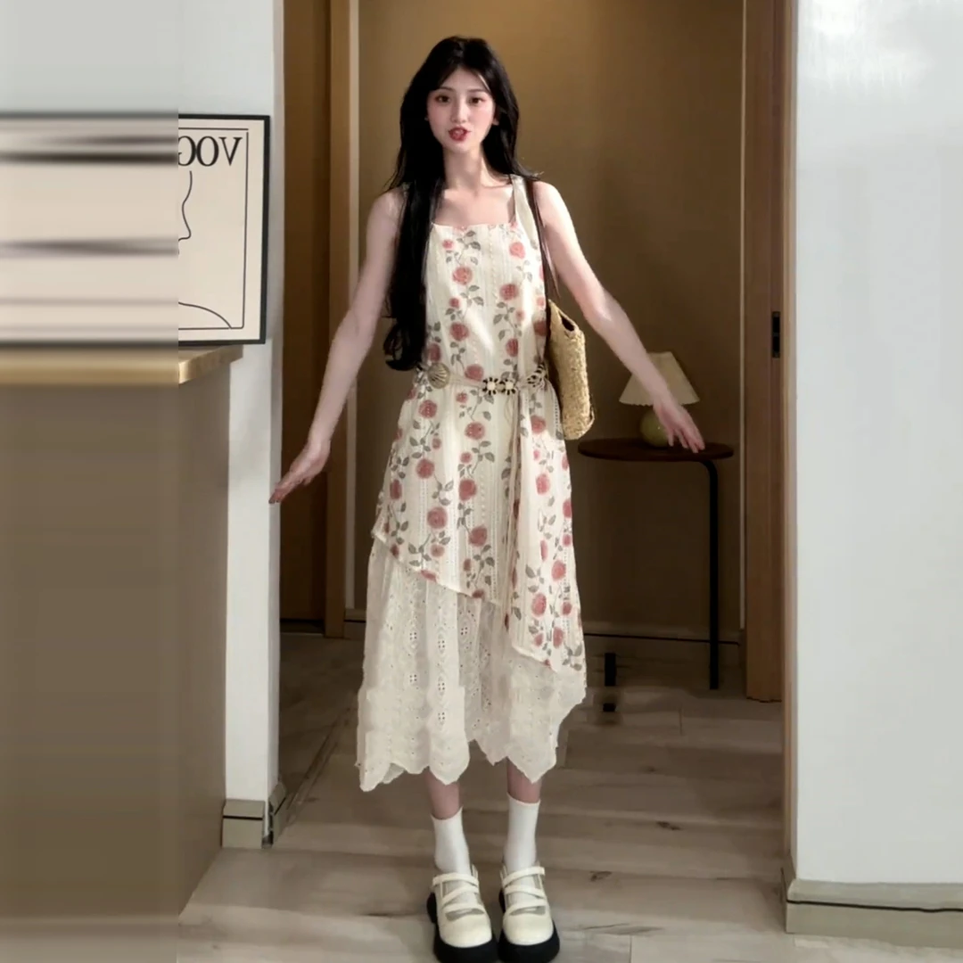 【现货+运补】蕾丝拼接吊带碎花连衣裙子女夏小众不撞款长裙4895