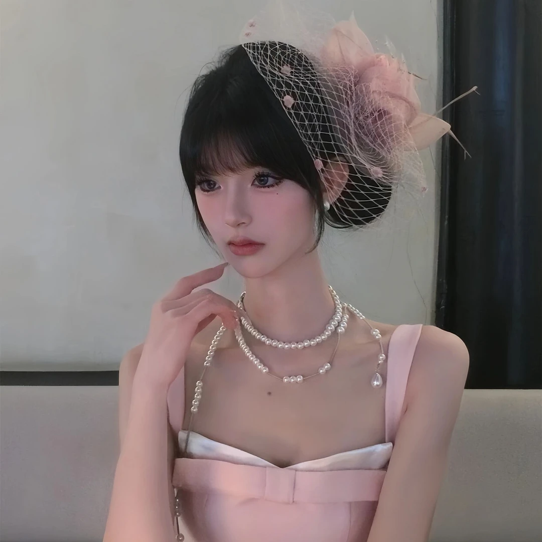 民国千金感粉色网纱小礼帽女法式名媛羽毛头纱宴会新娘高级感头饰