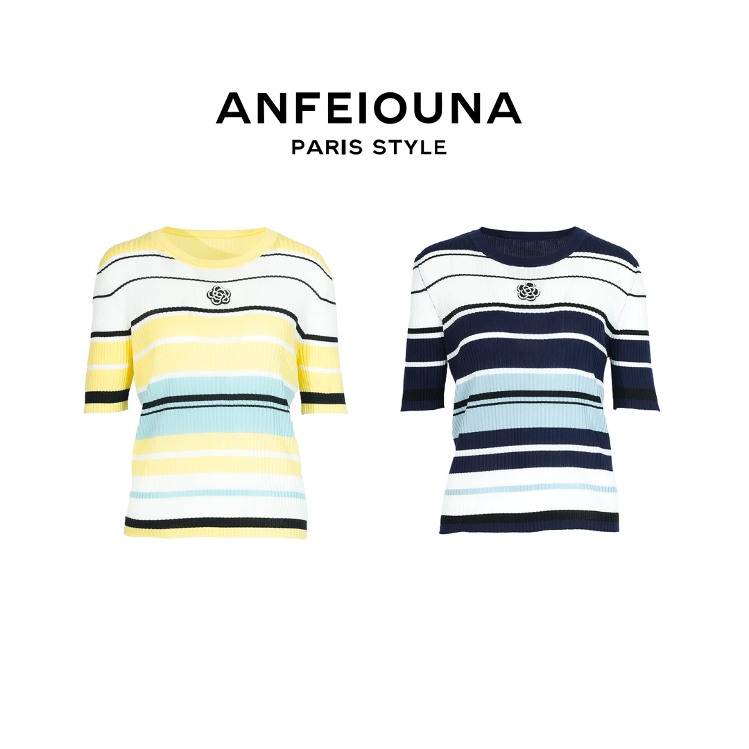 2025新款时尚山茶花圆领条纹拼色短袖针织衫T恤女3460