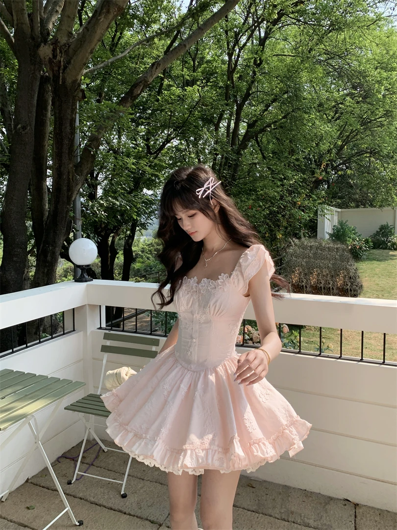 花间絮语 少女感立体提花粉色连衣裙收腰公主蓬蓬裙法式纯欲短裙