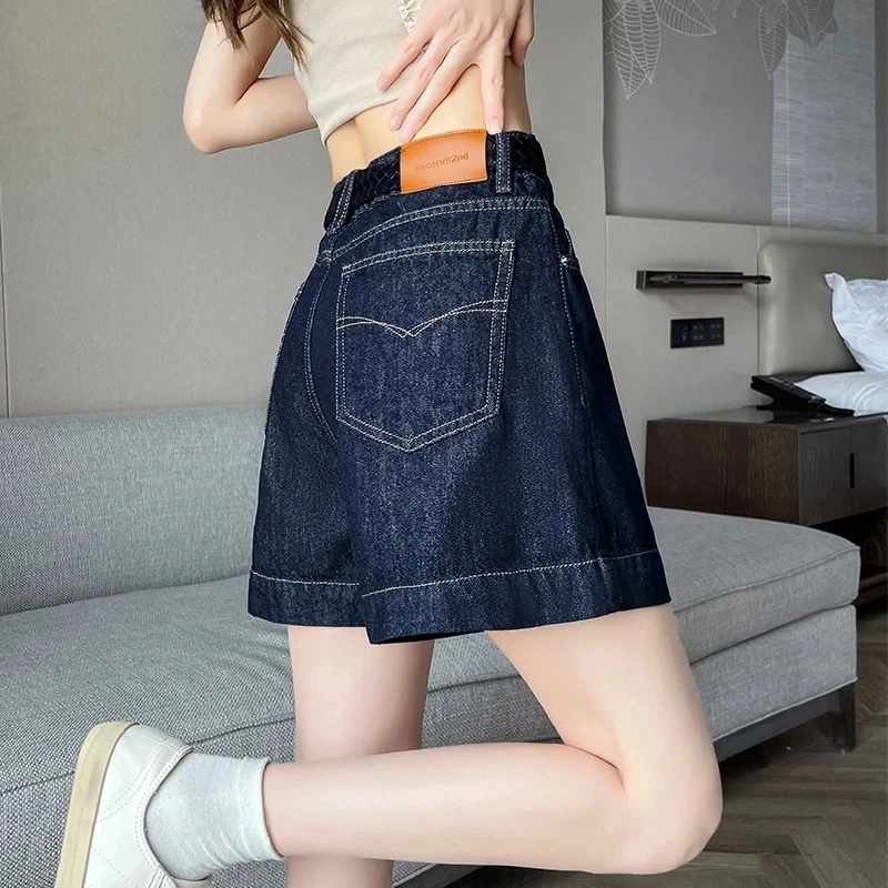 深蓝色牛仔短裤女高腰收腹夏季薄款今年流行丹宁蓝撞色A字热裤