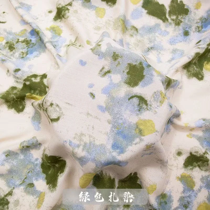 国风绿色扎染人造棉绵绸