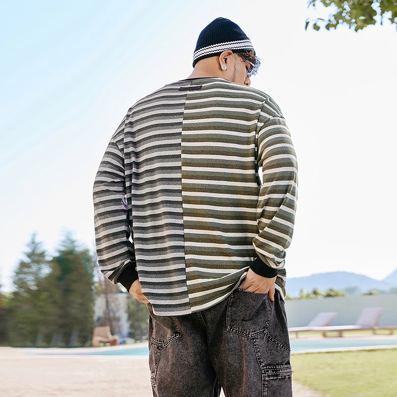 NMAX大码潮牌男装25年春阴阳色拼接长袖T恤条纹宽松上衣FNT003
