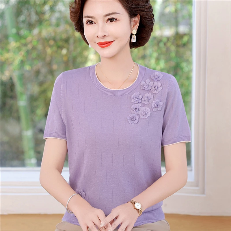 中老年女装夏季宽松短袖T恤洋气中年妈妈天丝针织衫夏装圆领上衣