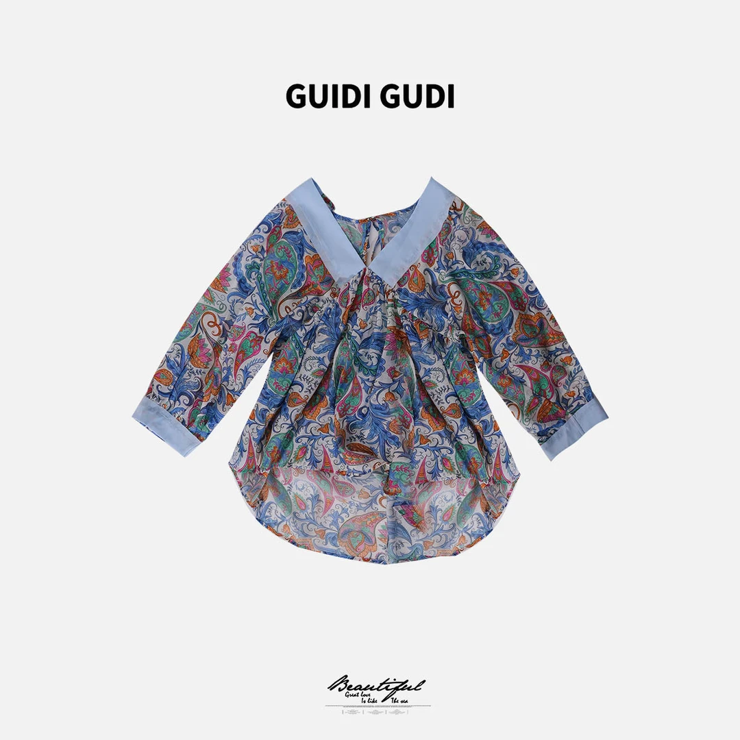 GUIDI GUDI【碧海蓝天】黄加蓝气质民族风长袖V领T恤 T9511613H