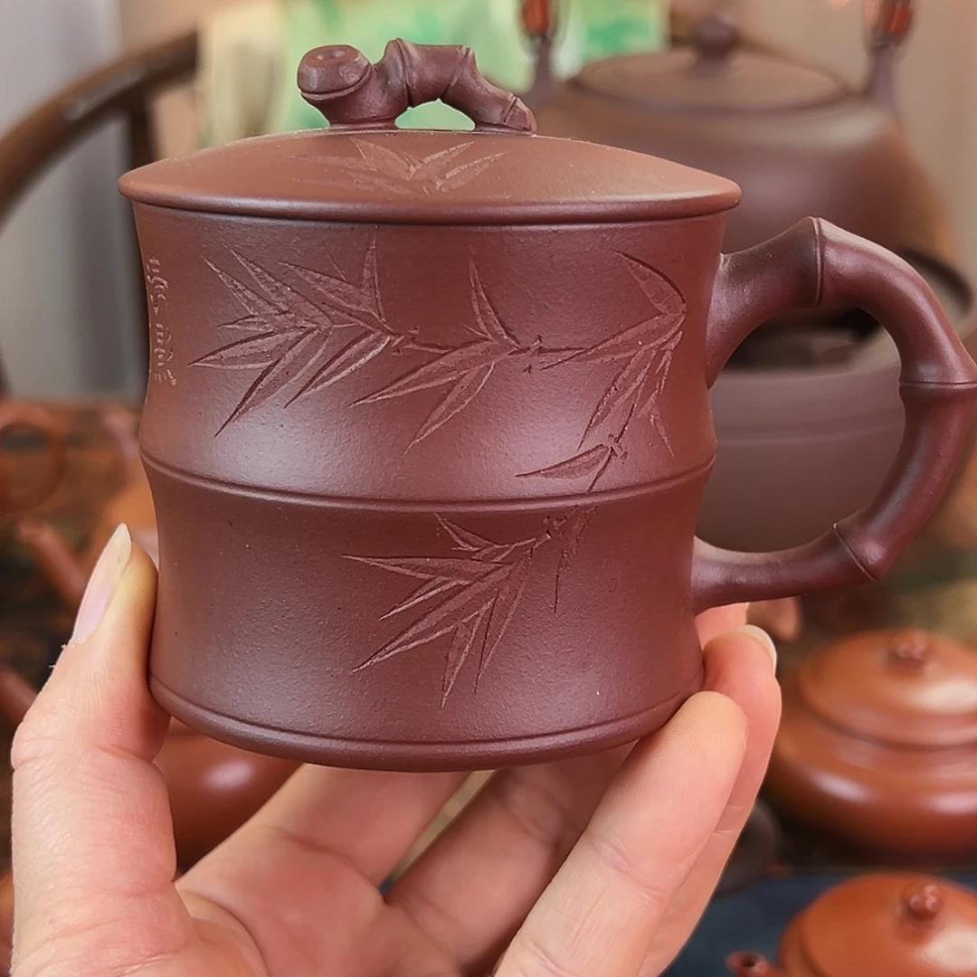 紫砂茶壶精品 竹节单杯 紫泥 240cc