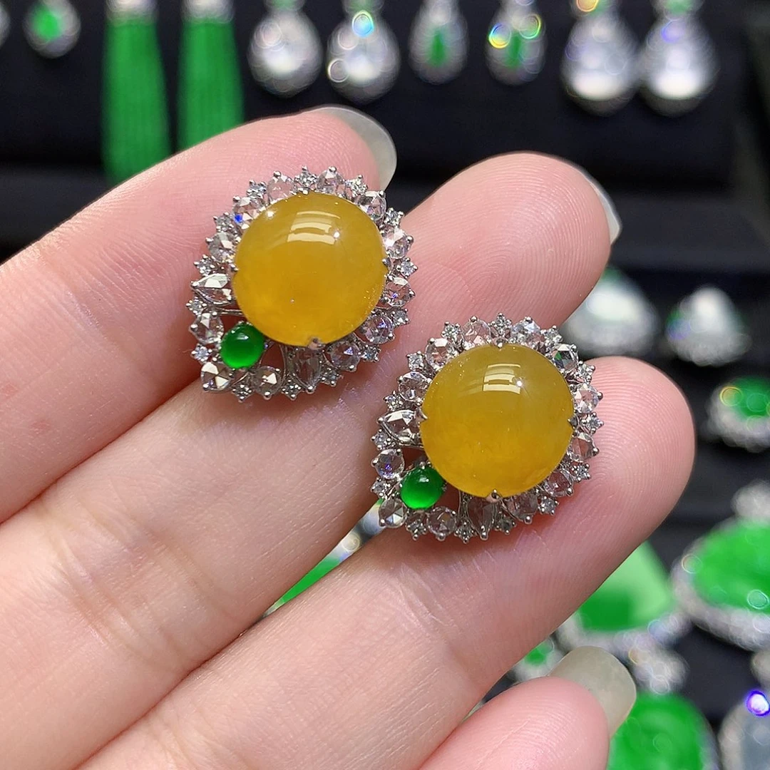 翡翠18K金镶嵌耳饰高冰黄翡