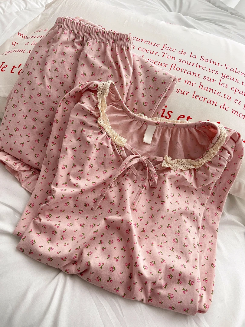【DMXJ大梦想家】甜美温柔碎花粉色睡衣女春夏季新款慵懒套装居家服