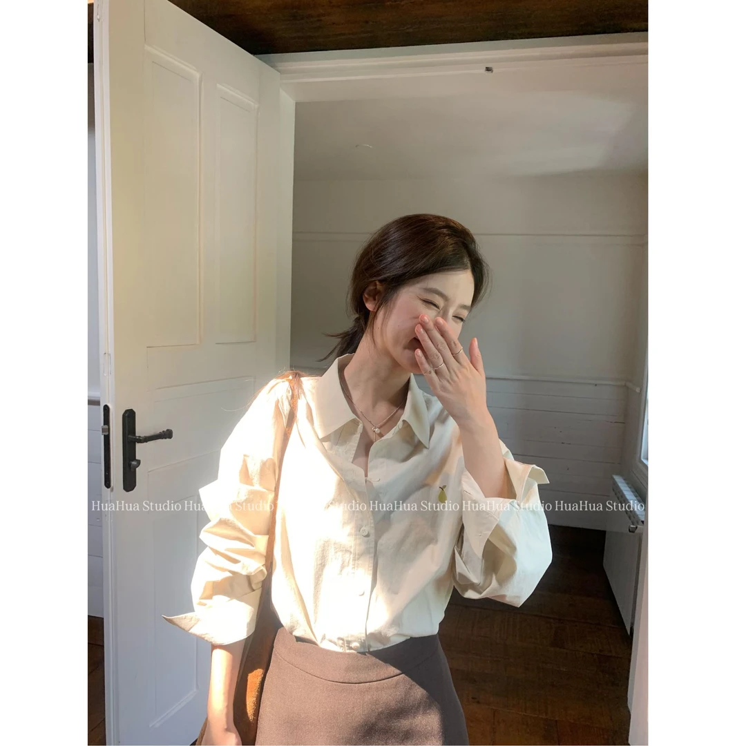 【花花】青梨衬衫~100%棉韩版宽松休闲百搭精致梨子刺绣衬衫