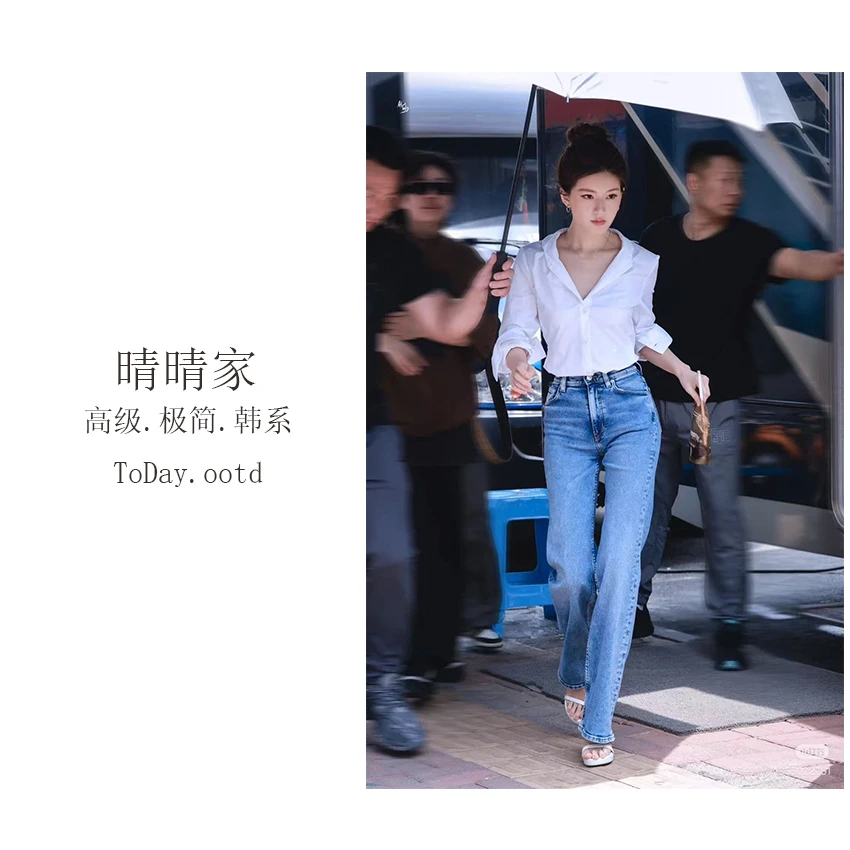 晴晴家-【刺绣断金针】秋季时尚长版直筒阔腿牛仔裤551