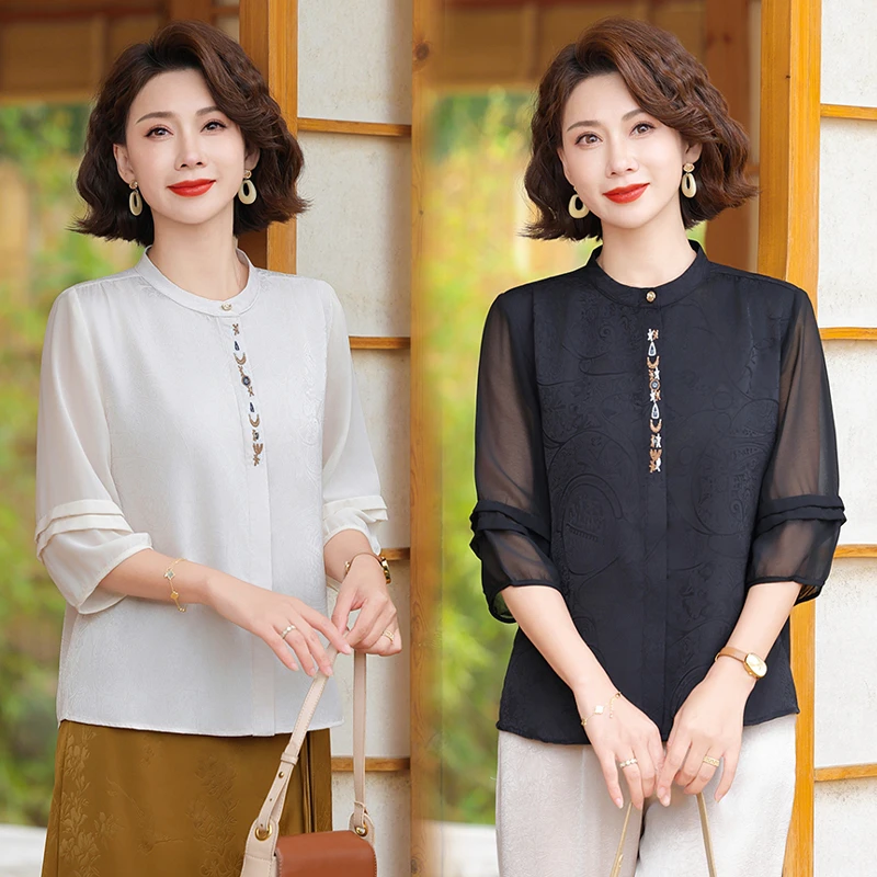 新中式妈妈夏装雪纺上衣中老年女国风仿真丝衬衫中袖T恤夏季衣服