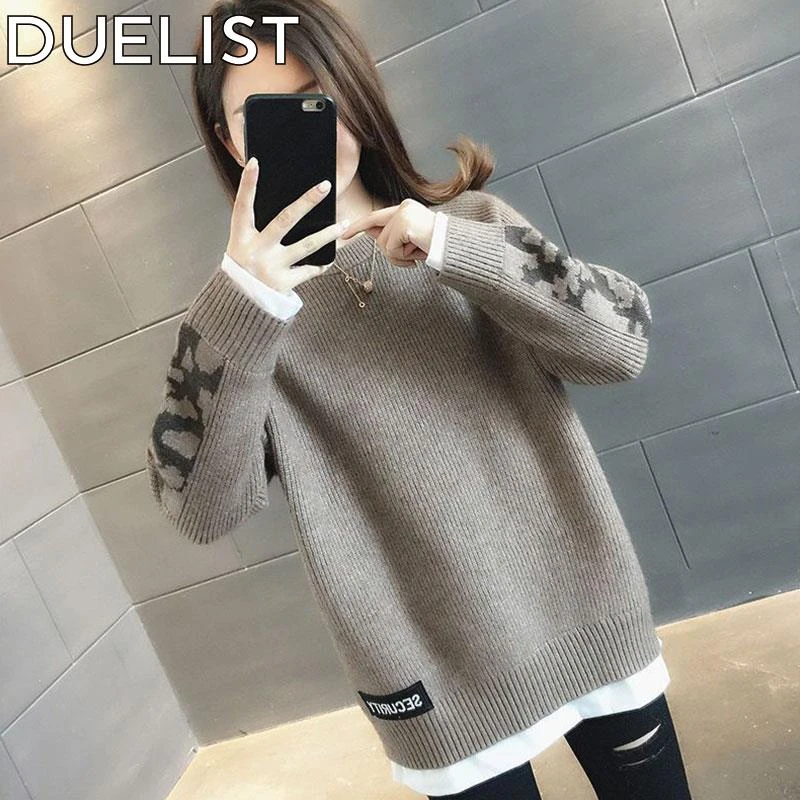 DUELIST中长款假两件毛衣女新款爆款宽松时尚加厚针织打底衫冬季