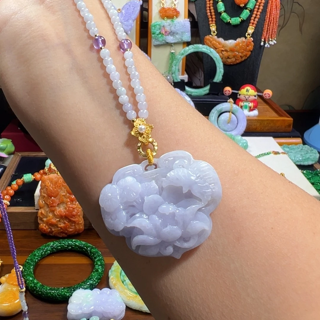 翡翠未镶嵌毛衣链紫莲花锁包