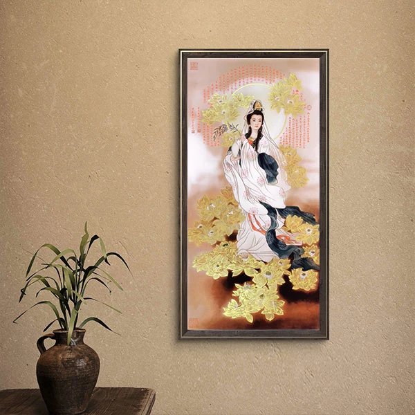 【手绘秘彩描金】宫彩金碧莲花观音图—高金月—手绘国画