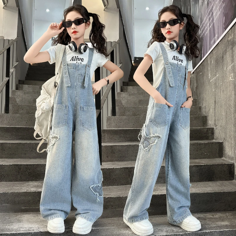 女童背带裤2025春秋新款女大童初中生休闲牛仔裤儿童青少年直筒裤