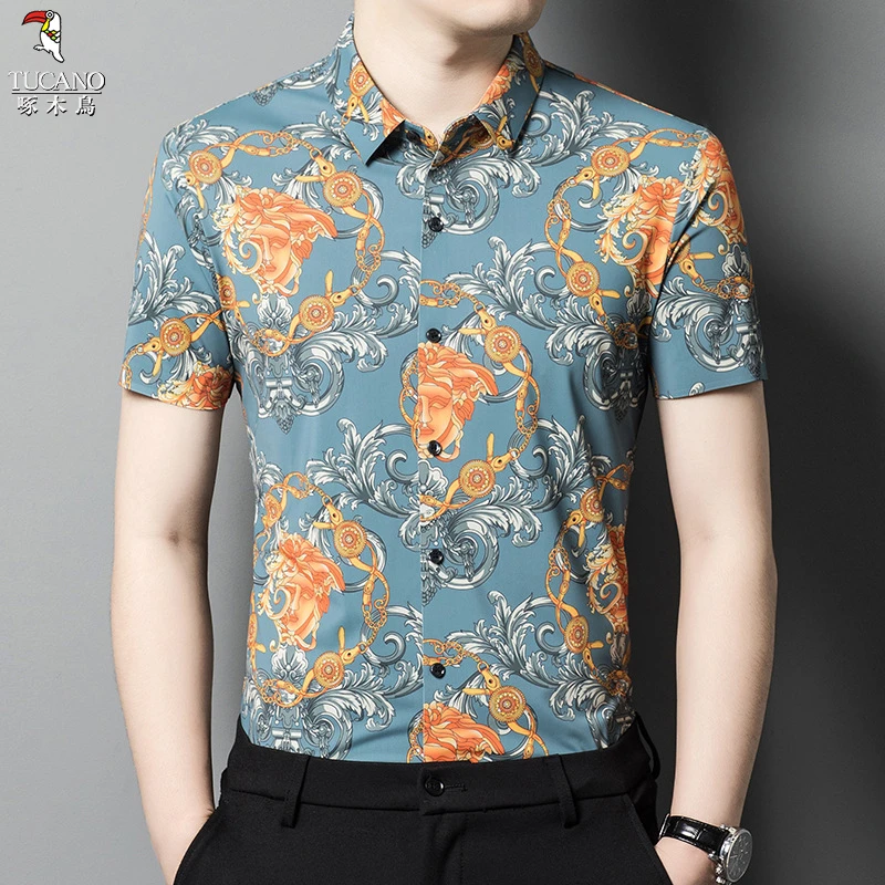 啄木鸟2025年春夏季新品时尚百搭潮流基础男士休闲透气夏季花衬衫