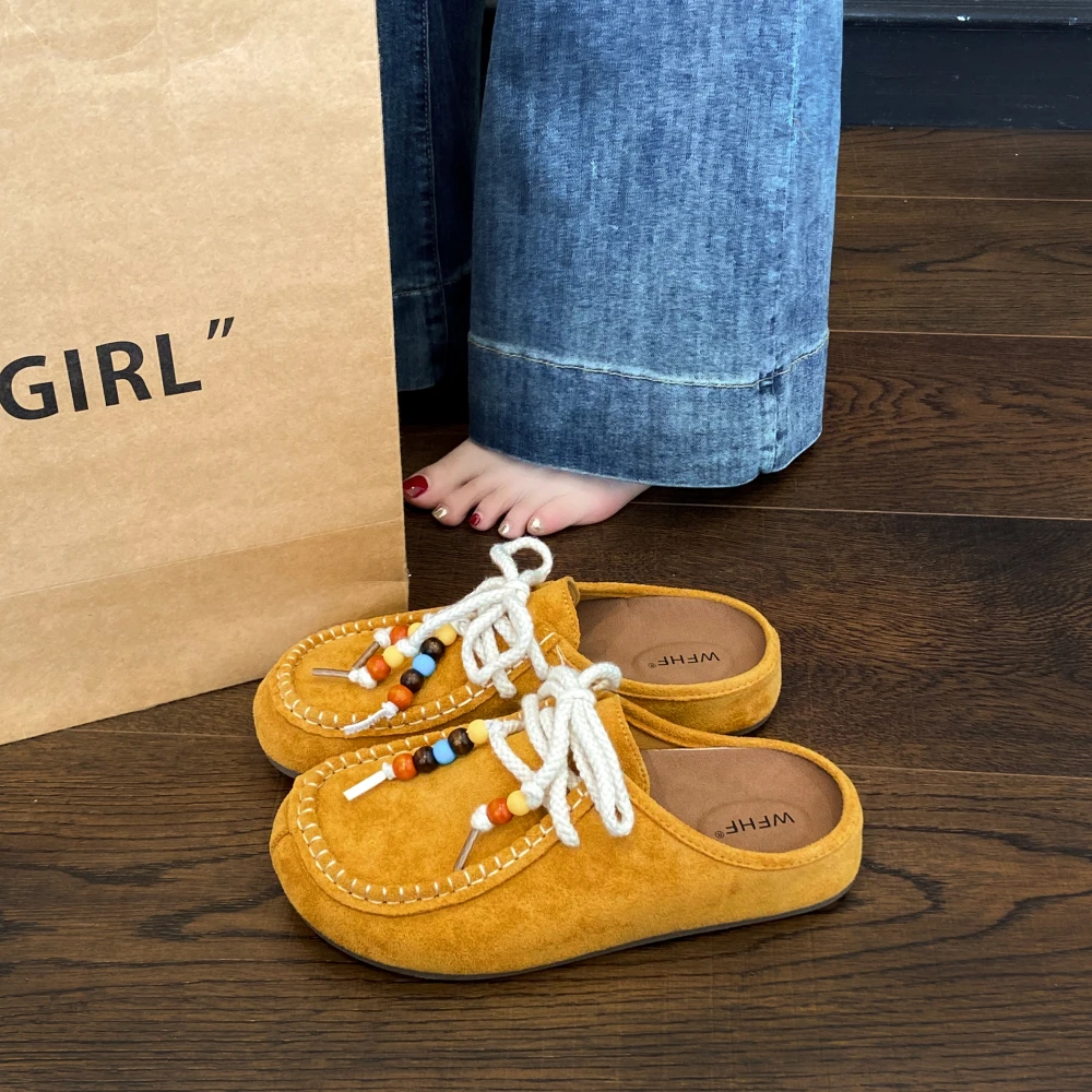 网红袋鼠鞋女2025新款外穿增高厚底穆勒鞋软底休闲包头半拖勃肯鞋